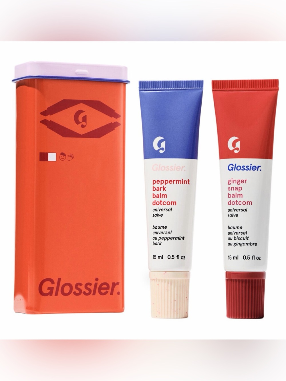 GLOSSIER SUGAR+SPICE Balm Dotcom DUO Peppermint Bark+Gingersnap F/S in Gift Tin!